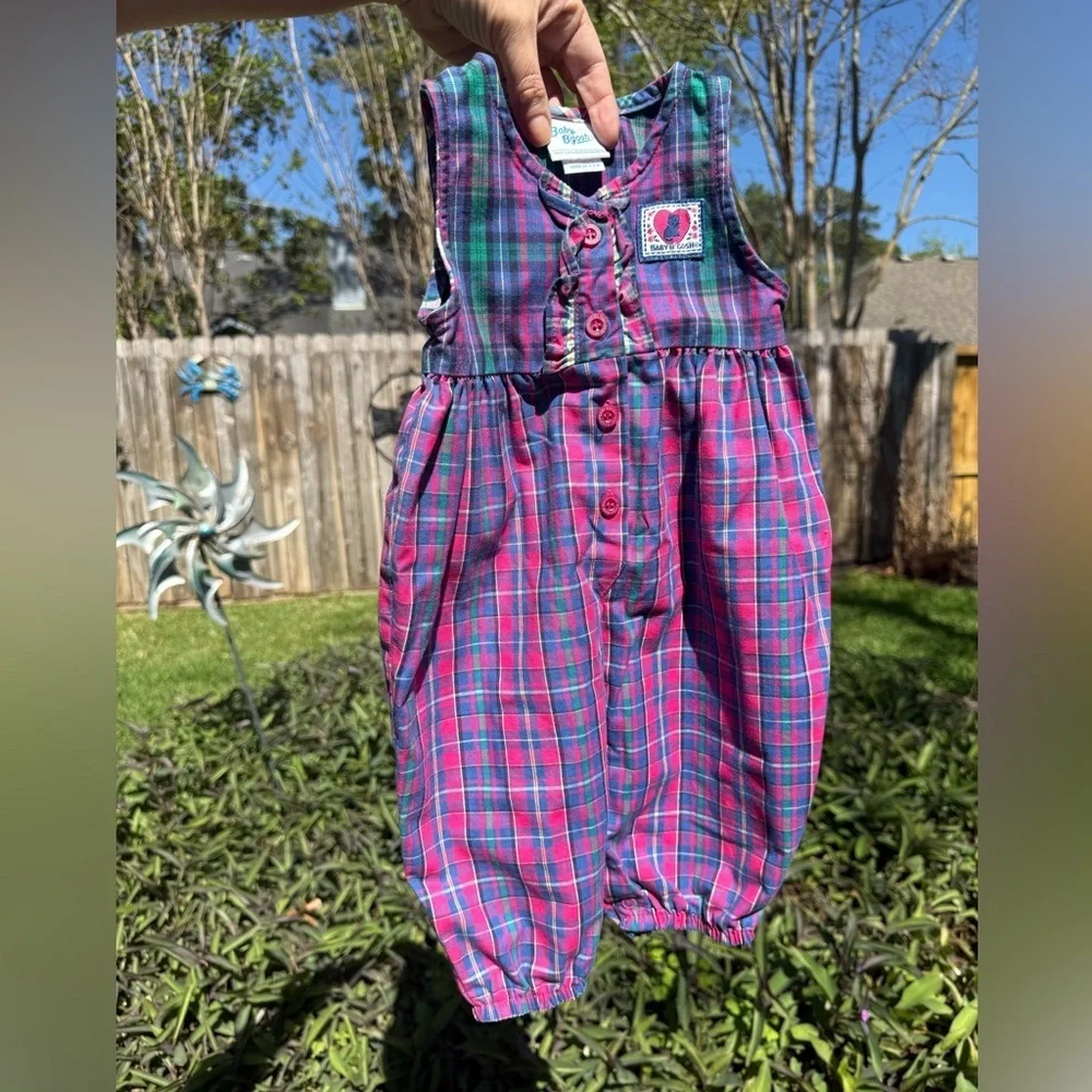 Vintage Baby B’Gosh Plaid Bubble Romper 6–9M USA Made Kitty Patch Pink Tartan